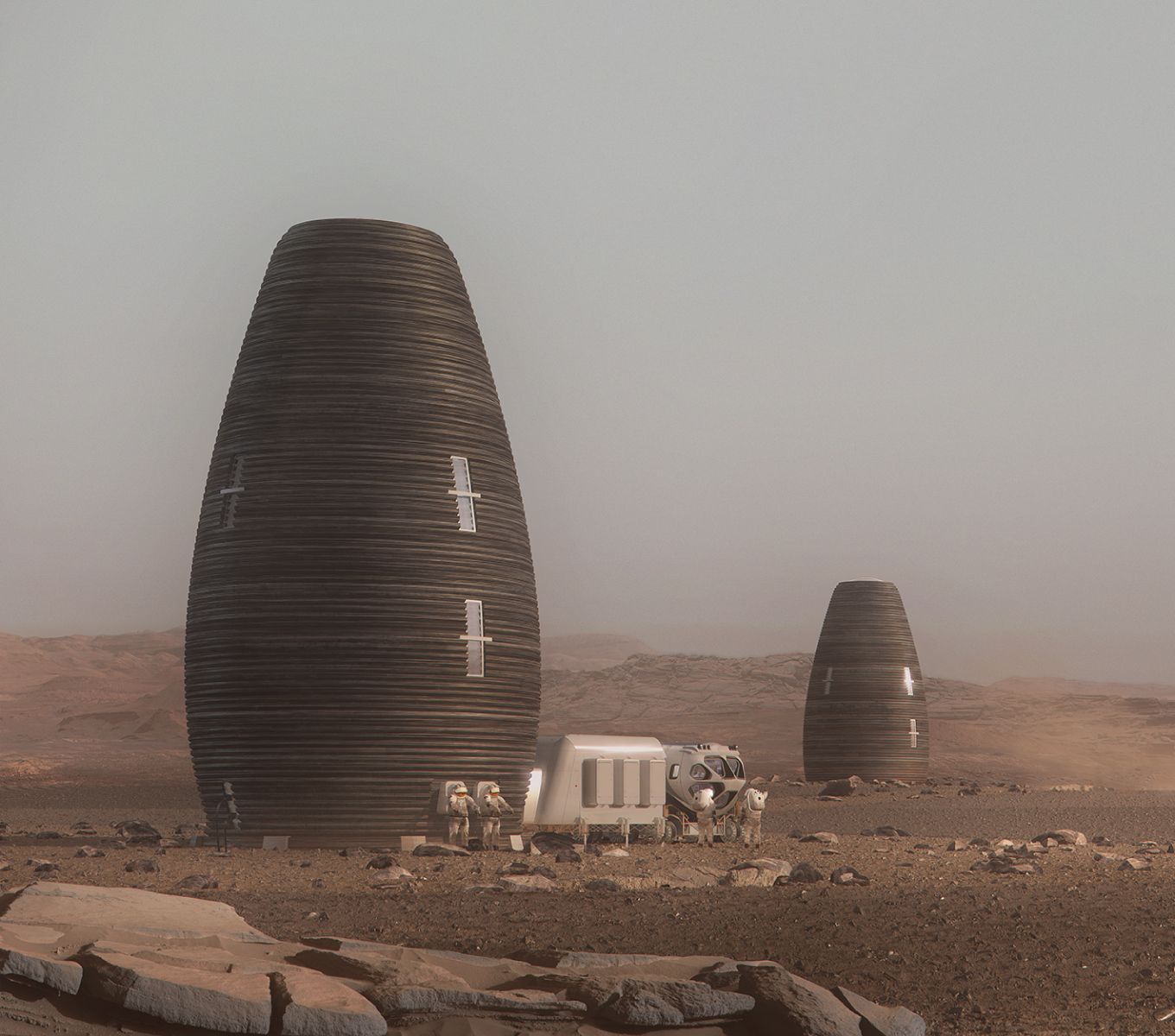 estruturas em formato arredondado e com altura alongada, projetadas para serem habitáveis em Marte.