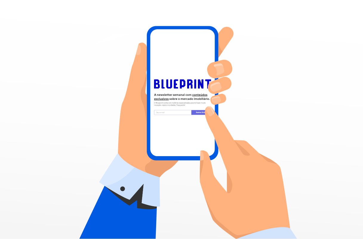 Pessoa assina a newsletter Blueprint, especializada em análises relevantes sobre o mercado imobiliário, com apenas um clique, em seu celular.