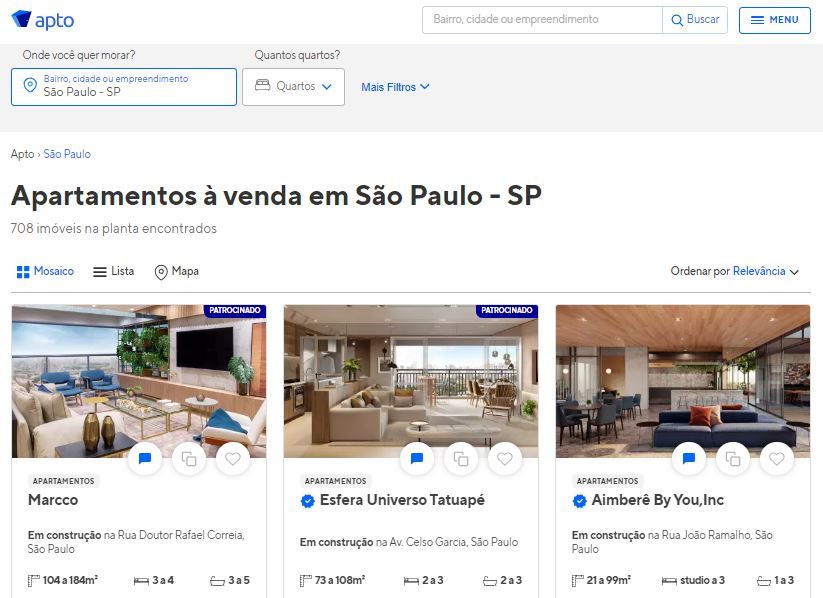 Página de busca "apartamentos à venda em São Paulo" no site do Apto.
