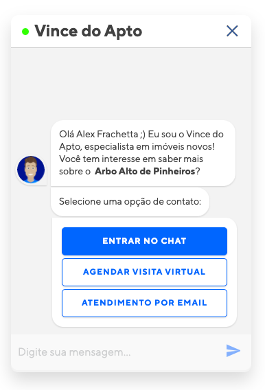 Início da conversa via chatbot do Apto, para o empreendimento Arbo Alto de Pinheiros, da Even.