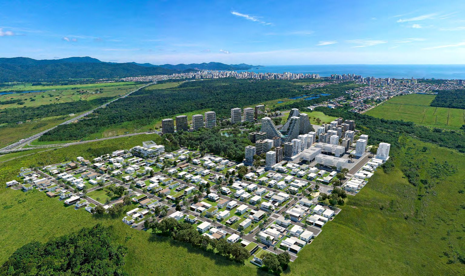 Vista aérea do empreendimento Viva Park, com diferentes configurações de quarteirões entre área residencial e corporativa.
