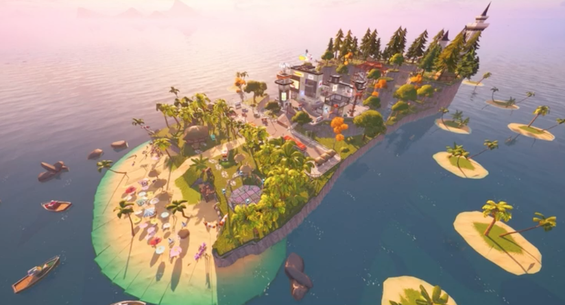 Perspectiva aérea de uma das ilhas do jogo Fortnite, com construções em seu interior e praias com guarda-sóis.