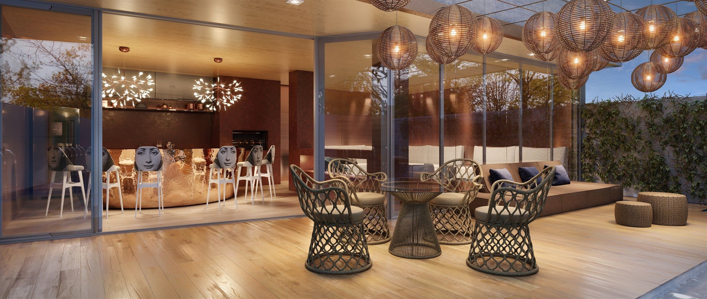 espaço gourmet com banquetas altas desenvolvidas pelo Studio YOO. Na área externa, as cadeiras com tramas e as mesas também possuem um design diferenciado.