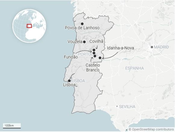 Mapa de Portugal com as cidades do interior, que começaram a ser cobiçadas por brasileiros, marcadas.