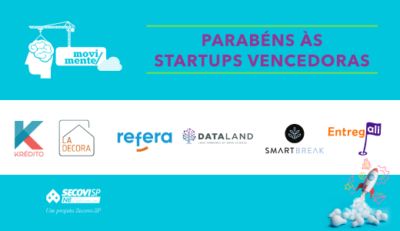"Parabéns às startups vencedoras", escrita em roxo, que conta com o logo de cada uma das vencedoras, em tons de branco e azul.