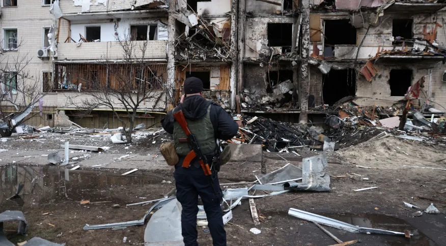 Construções destruídas como  resultado dos conflitos da Guerra da Ucrânia.