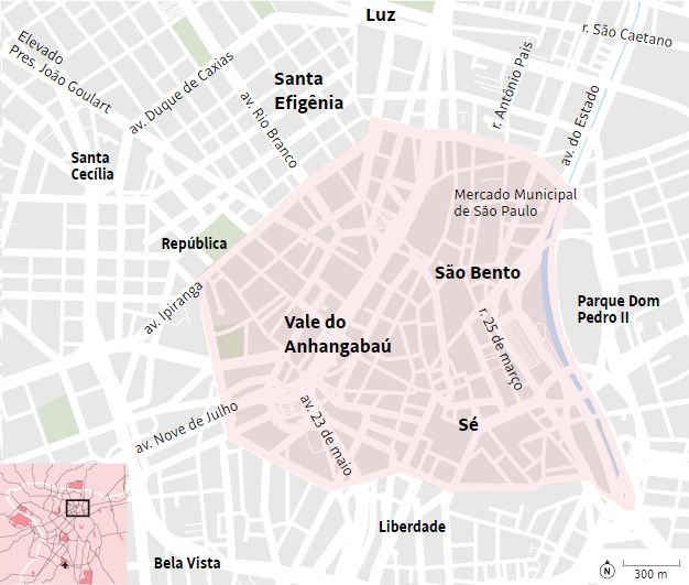 Perímetro de revitalização do centro da cidade de São Paulo previsto pelo projeto Requalifica Centro.