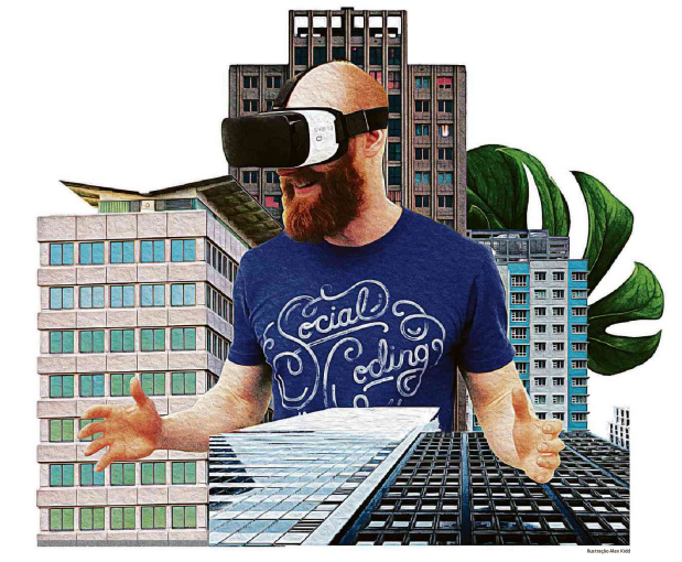 Homem usando uma camiseta azul escuro escrita "Social Coding" e um óculos de realidade virtual.
