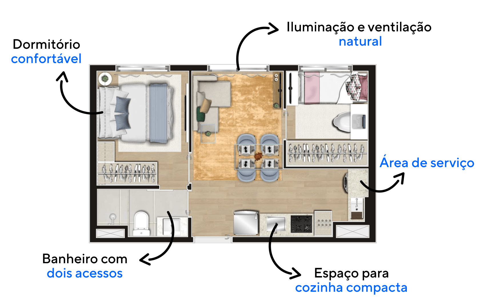 Planta do apartamento d 34 m² do Viva Benx Tatuapé com dois dormitórios e área social central.